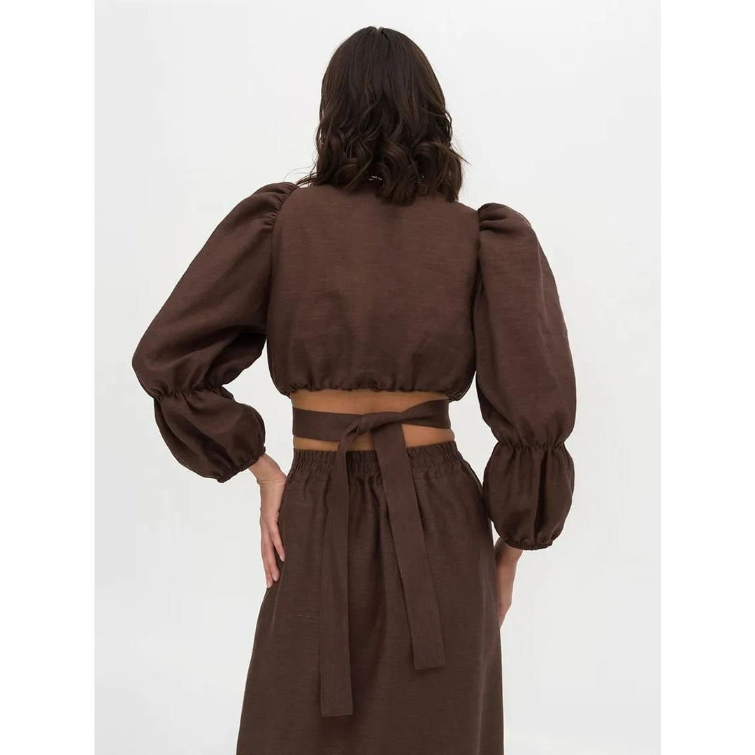 Linen Two-Piece Set with Crop Shirt and High-Waist Skirt