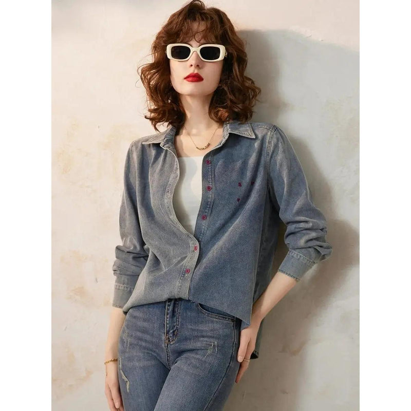 spring casual denim shirt with embroidery, view 7 - MRSLM