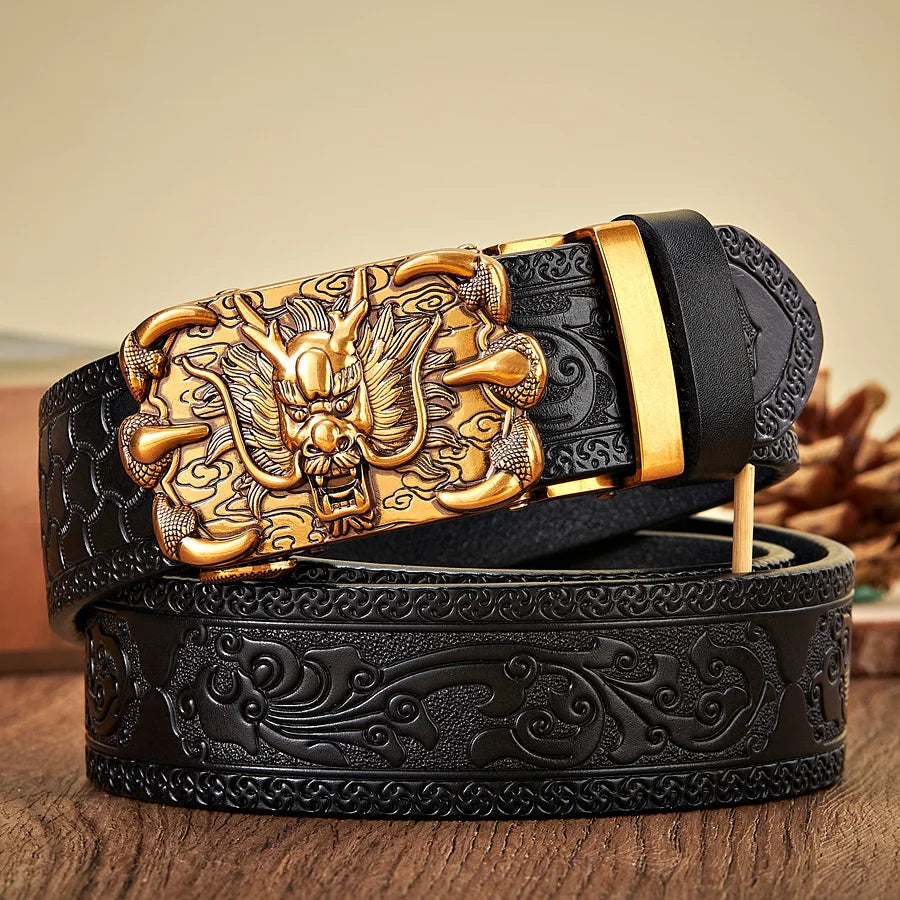 3,5 cm breiter Ledergürtel mit Drachenmotiv und automatischer Schnalle für Herren
