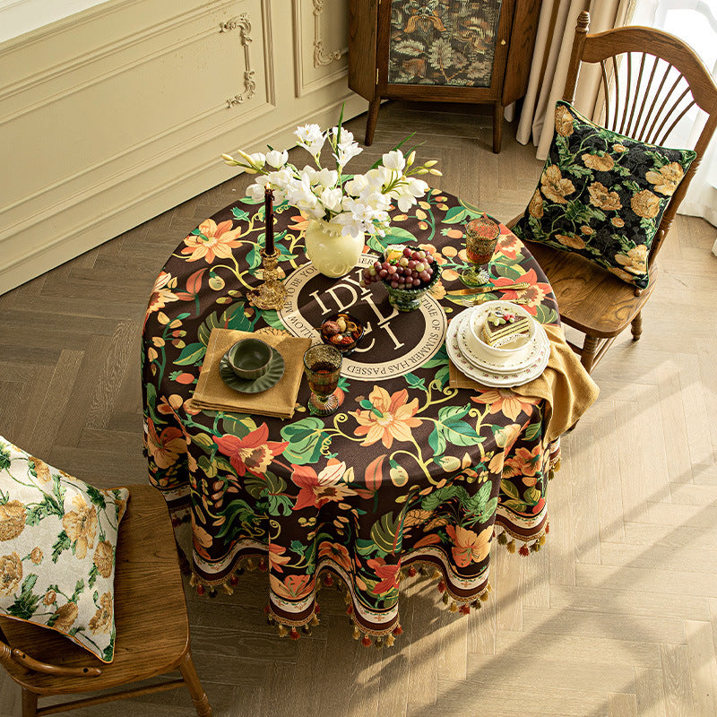 round tassel tablecloth dark brown, view 4 - MRSLM
