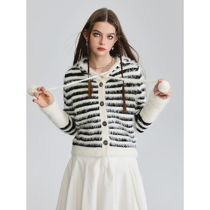 Striped Hooded Mohair Cardigan - Y2K Style Pom-Pom Knit Top