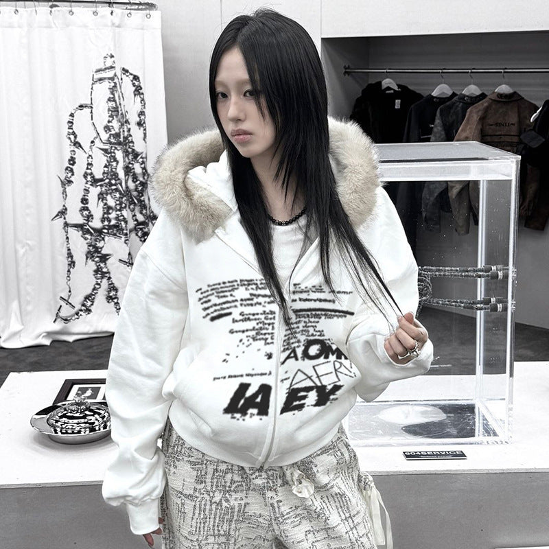 Letter fur collar hooded sweater, view 2 - MRSLM