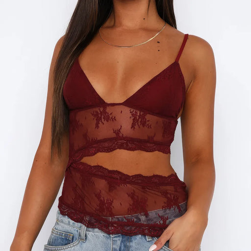 Floral lace backless cami top, view 2 - MRSLM