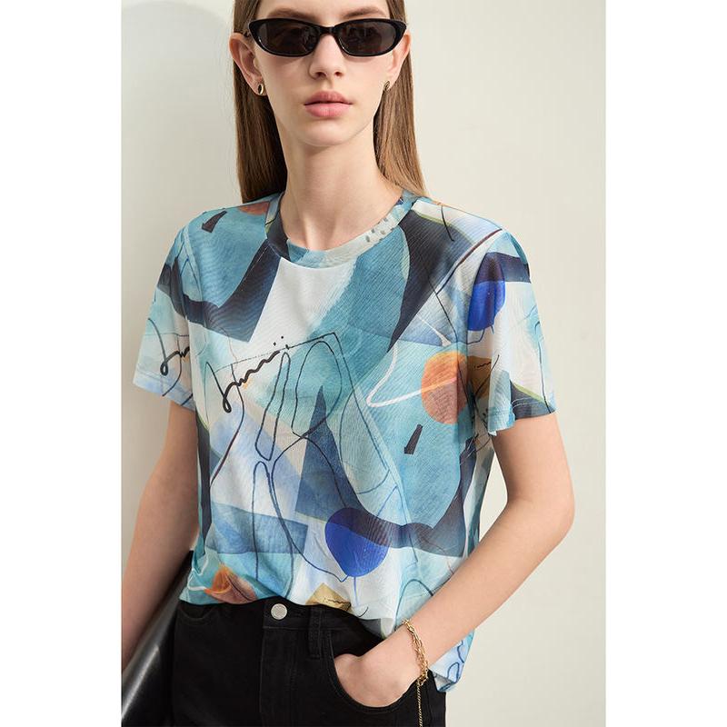 retro geometric mesh t-shirt, view 4 - MRSLM