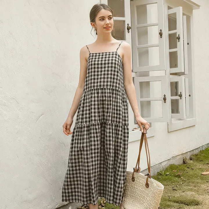 Vintage Plaid Cotton Linen Summer Dress