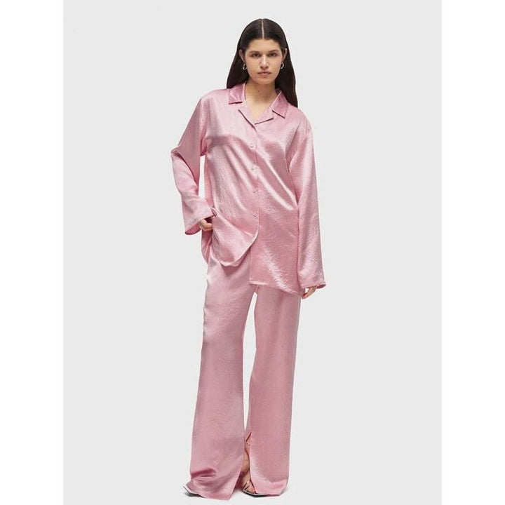 Elegant Two-Piece Set: Long Sleeve Shirt & High Waist Wide Leg Pants