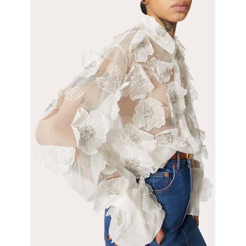 Patchwork Appliques Solid Casual Blouse