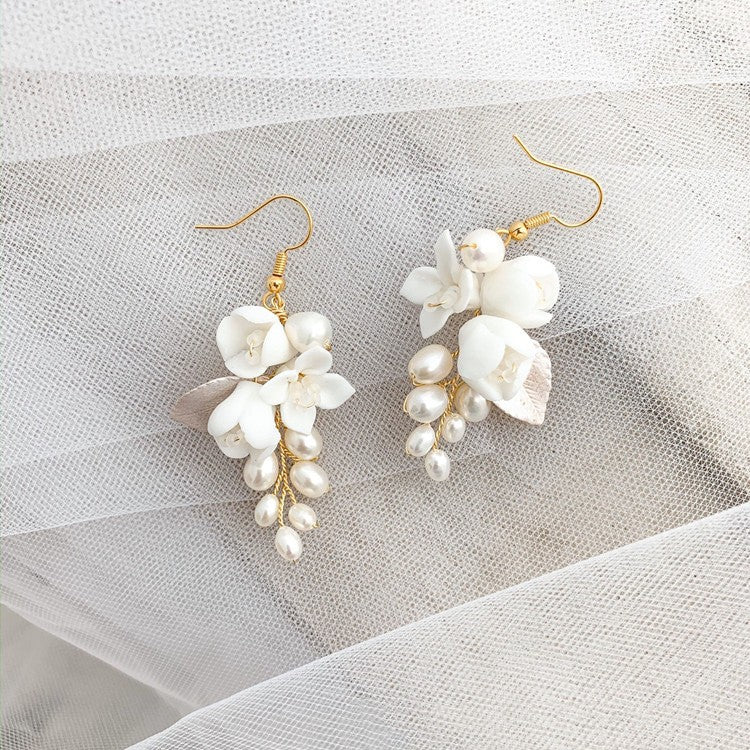 white ceramic flower ear hook earrings - MRSLM