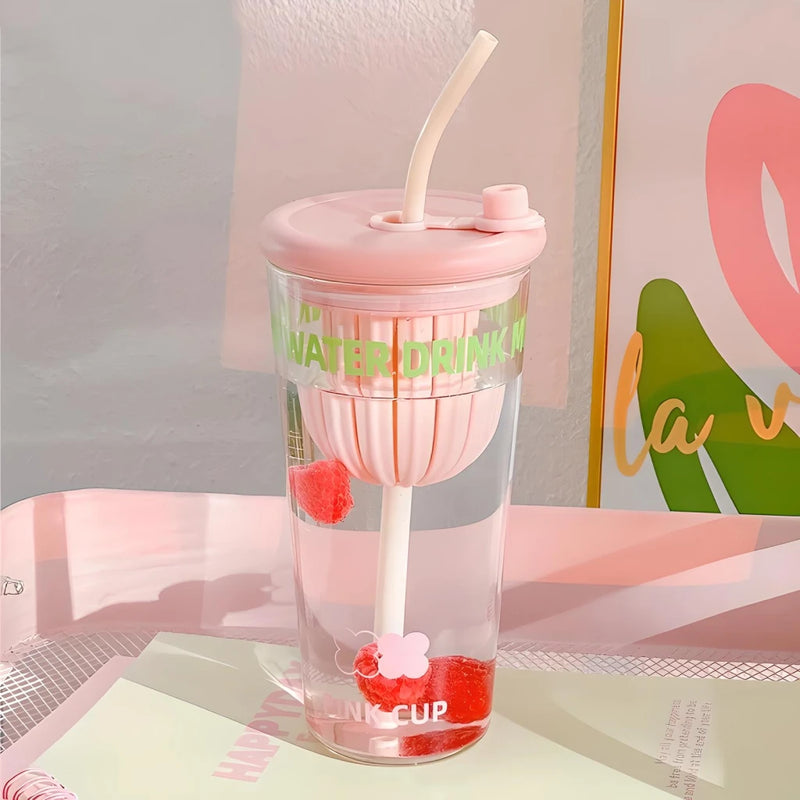 Cute glass cup with lid and straw, view 4 - MRSLM
