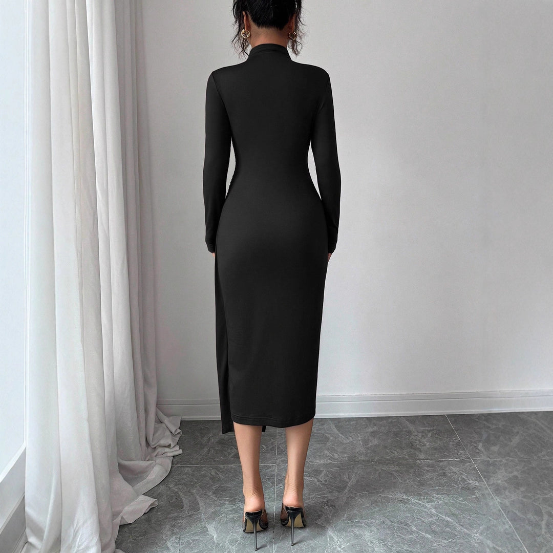 Small Stand-up Collar Knit Solid-color Dress With Metal Buttons