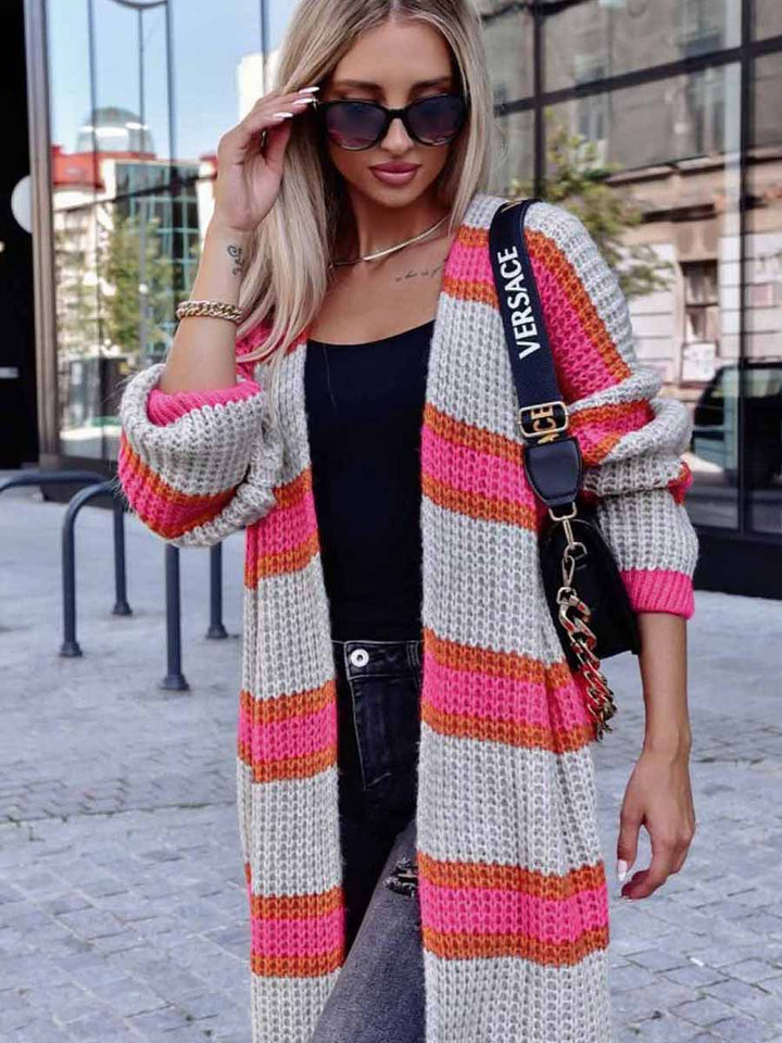 Striped Color Block Long Sleeve Knitted Sweater Baggy Coat