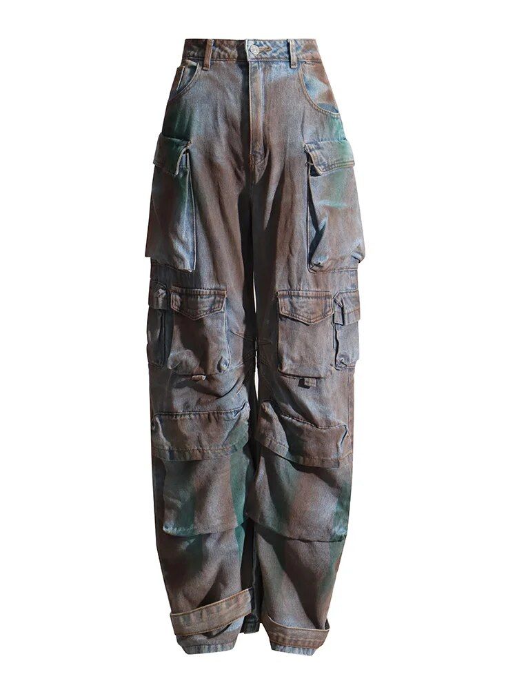 Calça jeans casual camuflada de cintura alta