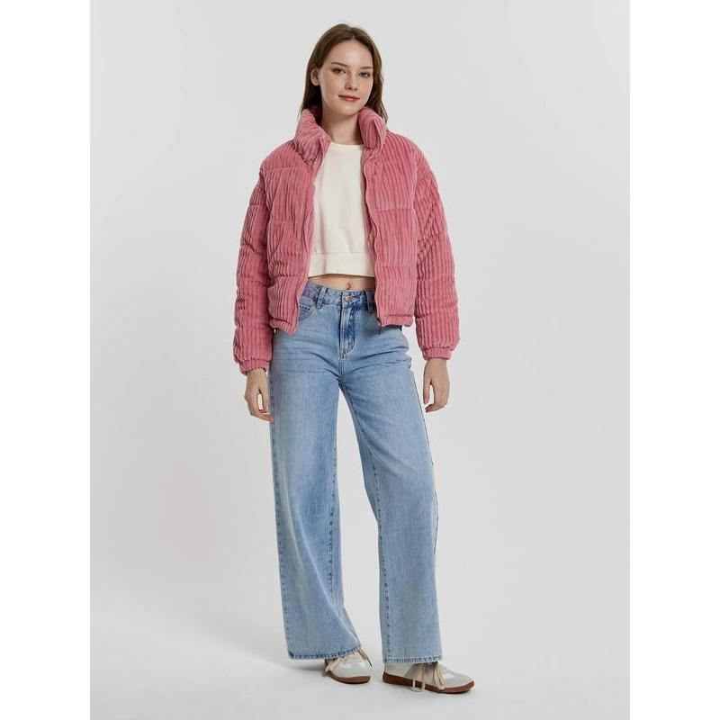 Pink striped corduroy turtleneck puffer jacket, view 5 - MRSLM