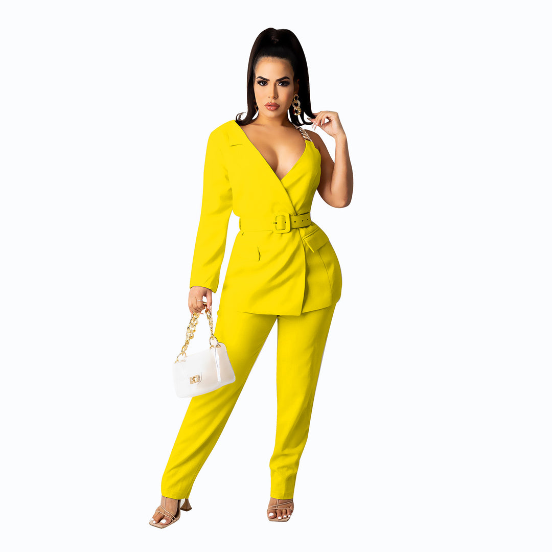 European And American Fashion Invisible Snap Single-side Sleeve Chain Belt Suit Two-piece Suit