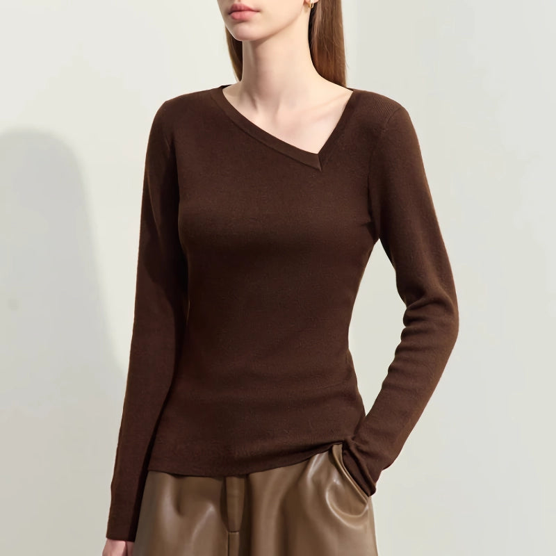 asymmetrical diagonal v-neck slim sweater, view 4 - MRSLM