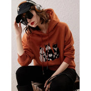 plush cat embroidery hooded pullover top, view 4 - MRSLM