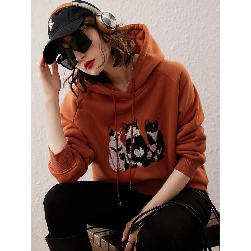plush cat embroidery hooded pullover top, view 4 - MRSLM