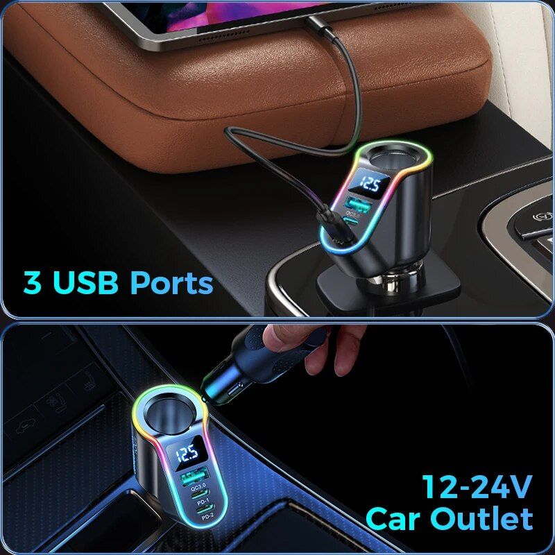 150W 4-in-1 Fast Car Charger with USB & Cigarette Lighter Splitter