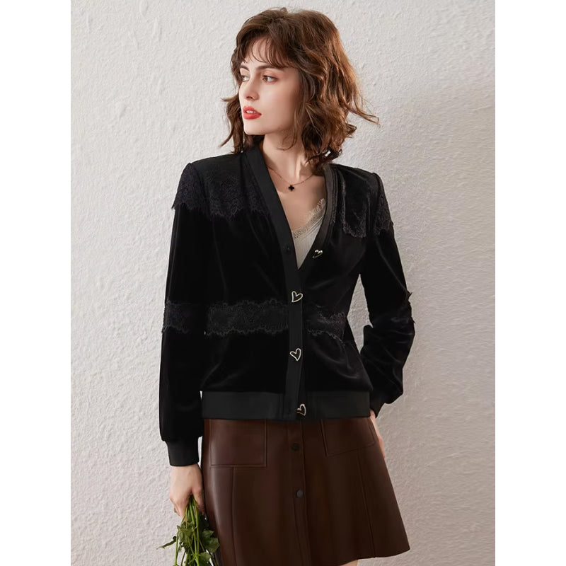 lace v-neck long sleeve cardigan, view 5 - MRSLM
