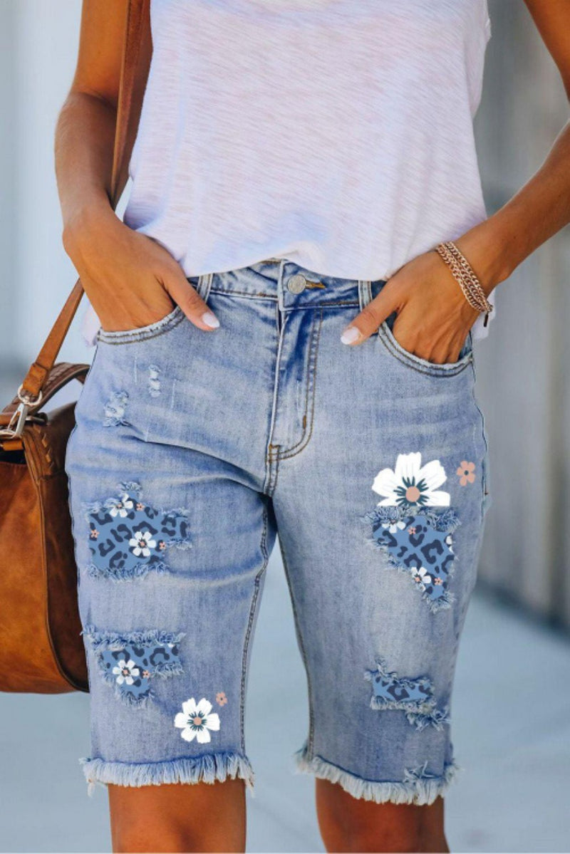 women's ripped print denim shorts, view 6 - MRSLM