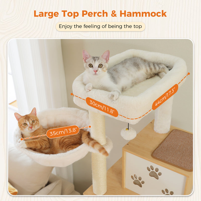 Árvore para gatos grande de vários níveis com espaçosas casinhas, redes e postes de sisal para arranhar.