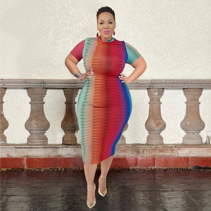 European And American New Round Neck Printed Short Sleeve Plus Size Women's Clothing Dress