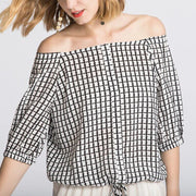 silk crepe plaid print top, view 3 - MRSLM