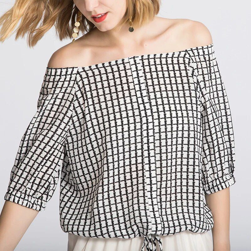 silk crepe plaid print top, view 3 - MRSLM