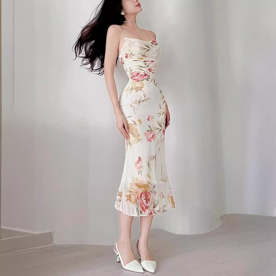 European And American Style Spaghetti-strap Floral Print Mesh Fishtail Swing Dress Women