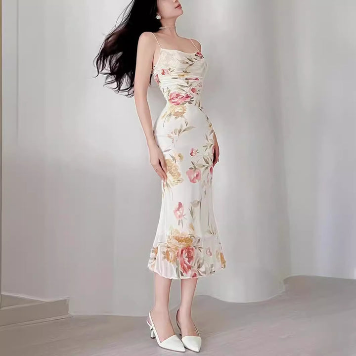 European And American Style Spaghetti-strap Floral Print Mesh Fishtail Swing Dress Women