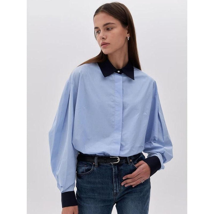 Elegant Blue Patchwork Office Blouse