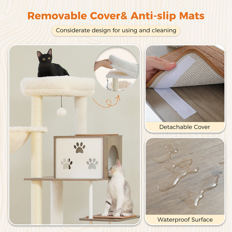 Árvore para gatos grande de vários níveis com espaçosas casinhas, redes e postes de sisal para arranhar.