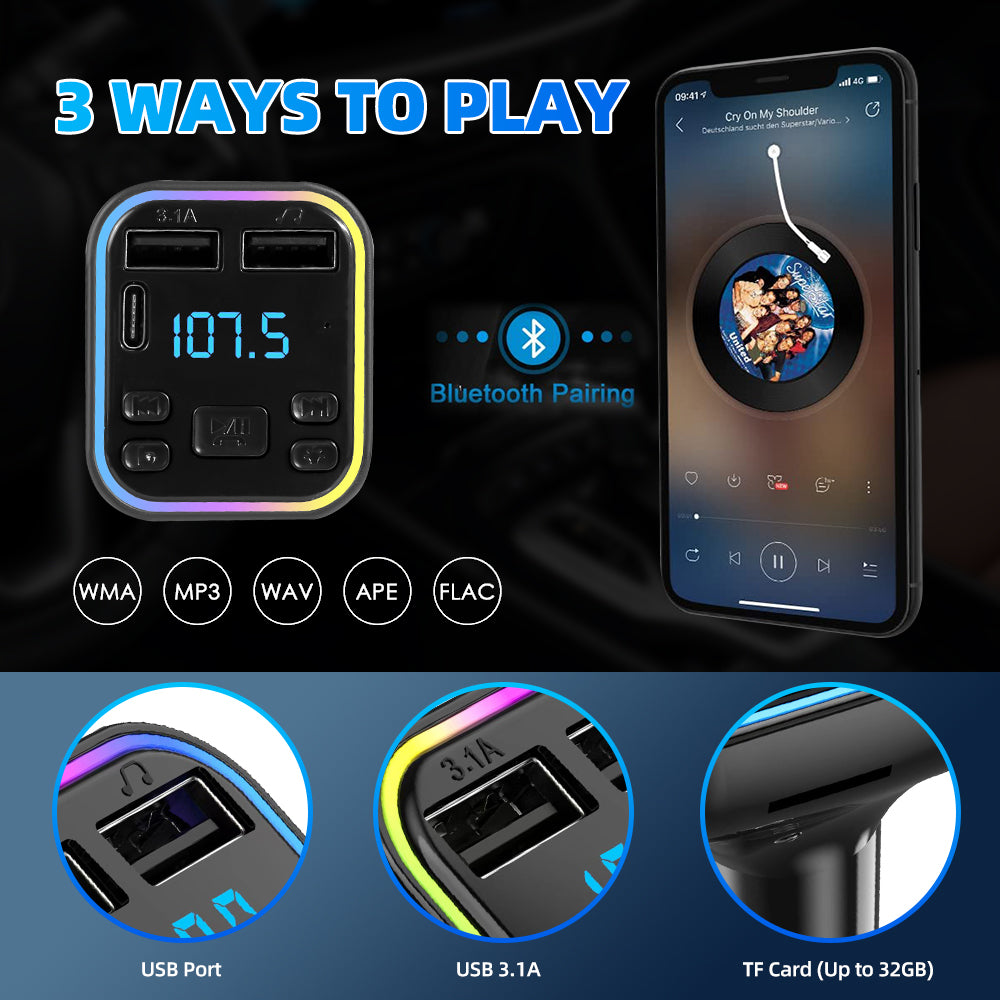 Bluetooth 5.0 Car FM Transmitter with PD & Dual USB Fast Charger