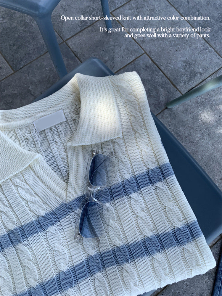 lightweight y-shaped lapel striped top, view 6 - MRSLM
