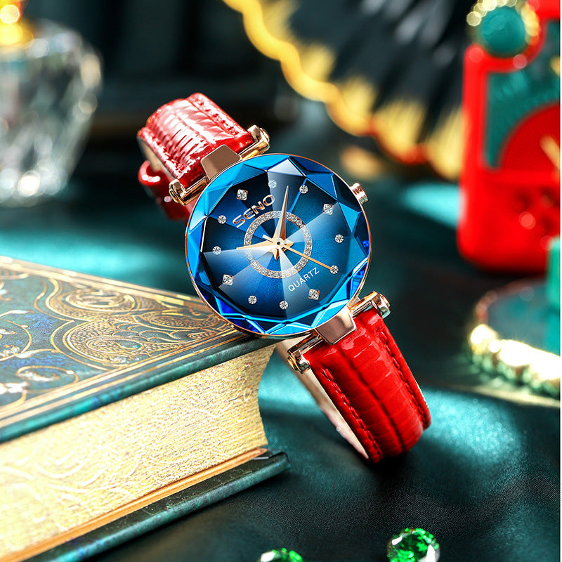 Starry Diamond Face Bright Polygonal Glass Solid Stainless Steel Strap Women's Waterproof Watch