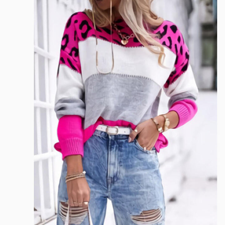Women's Leopard Print Color-block Crew Neck Casual Sweater Long Sleeve Bottoming Shirt