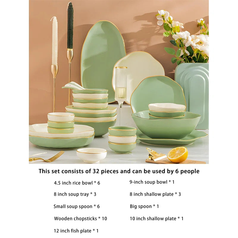 Conjunto de prato e tigela de porcelana com borda dourada fosca e formato irregular