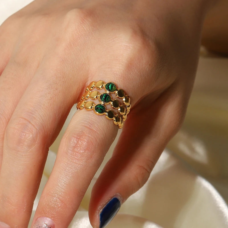 Anel ajustável de três camadas com malaquita verde banhado a ouro 18K