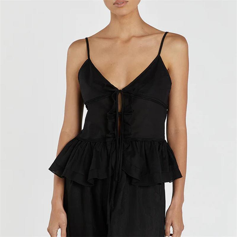 Summer V-Neck Cami Top with Spaghetti Straps and Tie-Up Detail