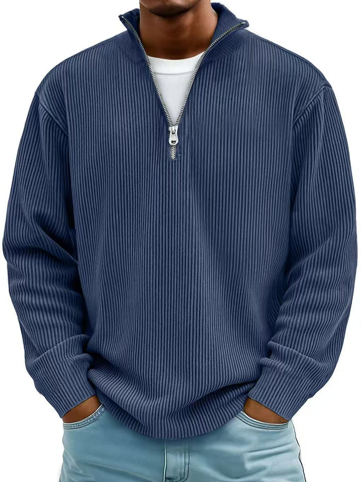 Corduroy Zipper Stand Collar Sweatshirt Fashion Warm Solid Color Long Sleeve Top Men&