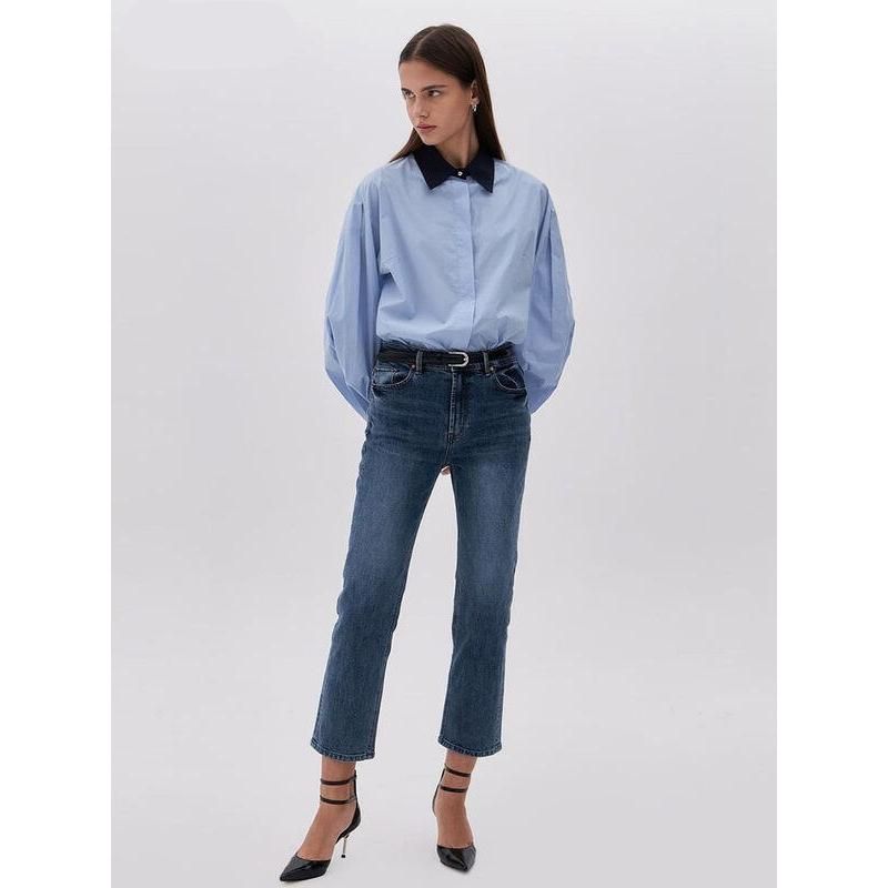 Elegant Blue Patchwork Office Blouse