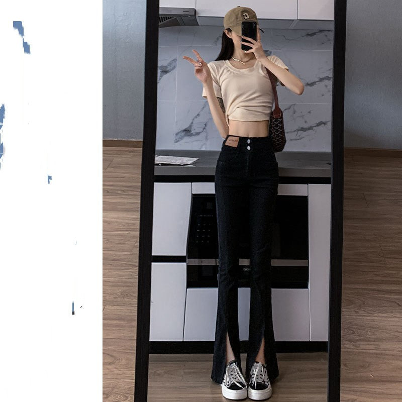 straight high waist wide leg slit micro flare pants - MRSLM