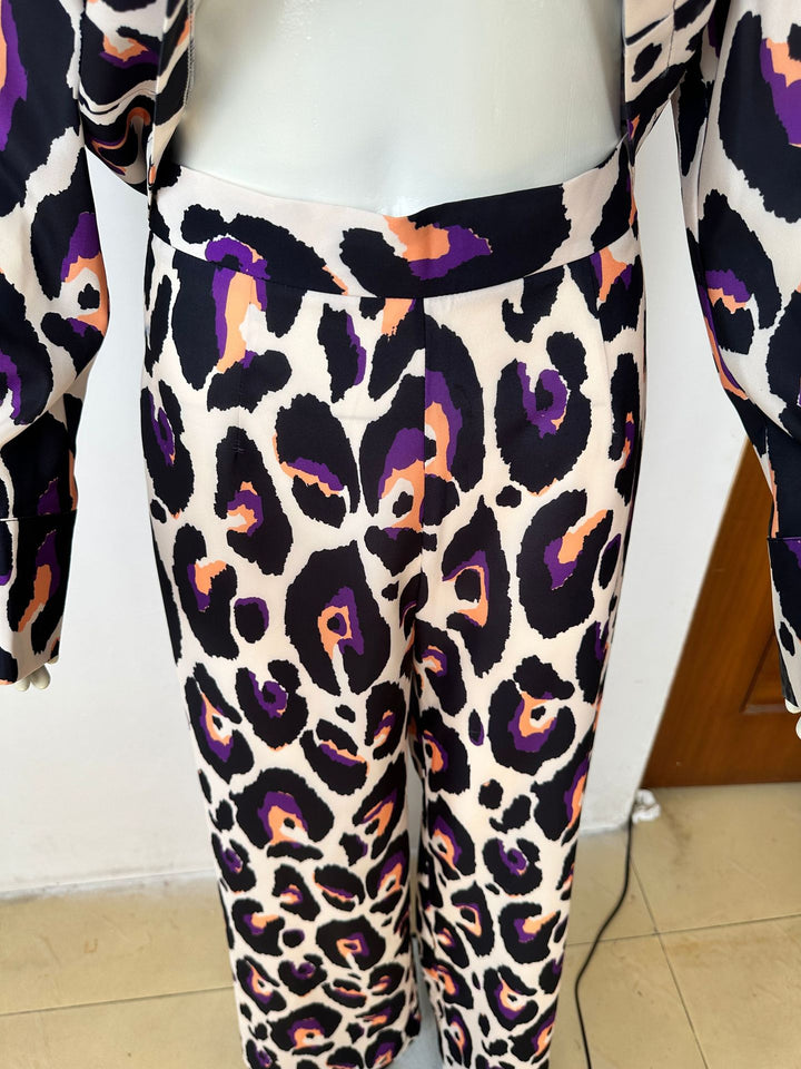 Women's Fashion Casual Printing Suit Collar Short Long Sleeve Top High Waist Wide Leg Pants