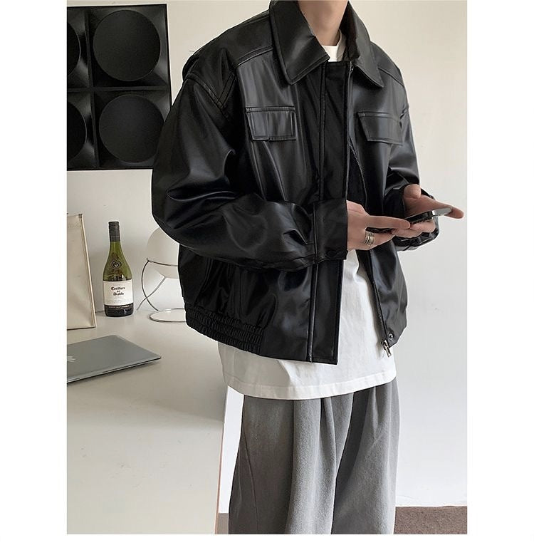 Casaco de couro vintage para motociclista masculino, outono