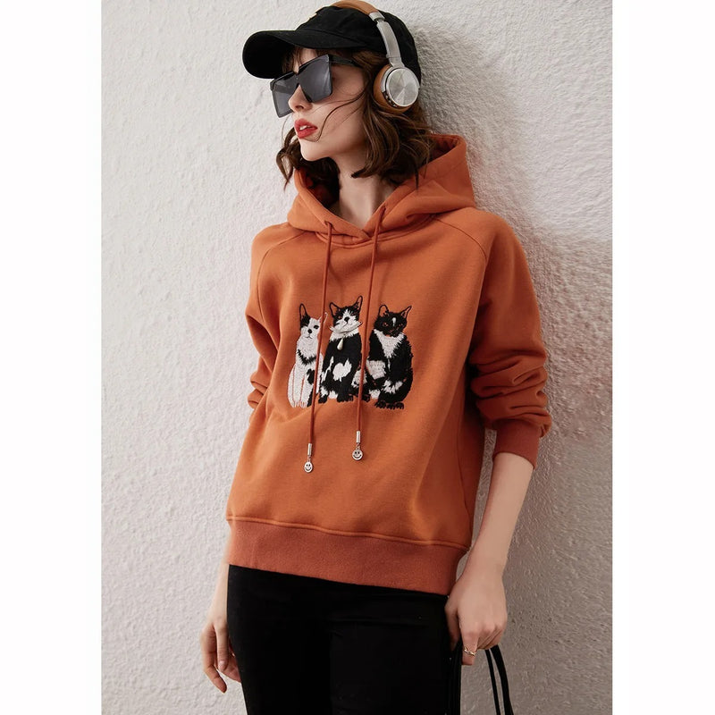 plush cat embroidery hooded pullover top, view 3 - MRSLM