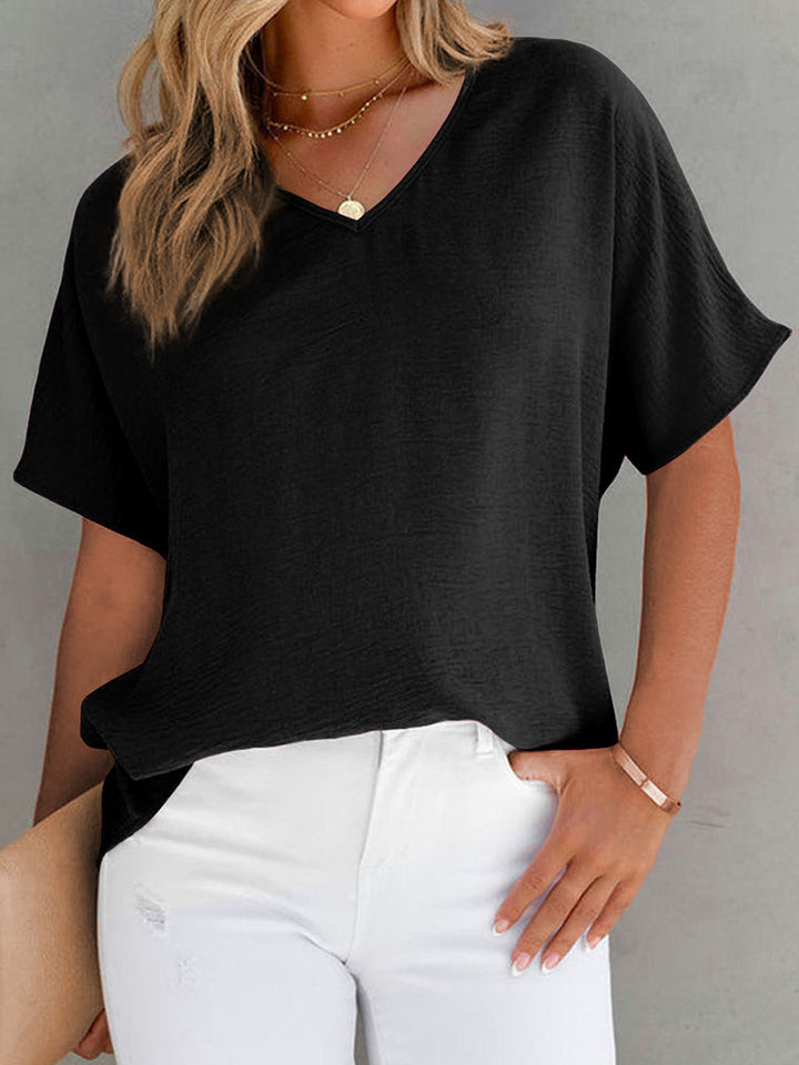 Leisure All-matching Solid Color T-shirt Loose Pullover V-neck Short-sleeved Top