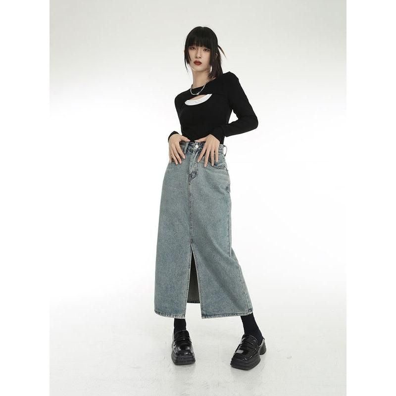 vintage blue denim midi skirt, view 5 - MRSLM