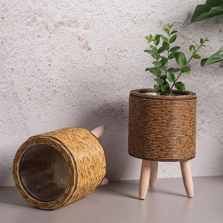 Elegant Nordic-Style Woven Plant Stand with Wooden Legs