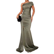 women's solid green asymmetric dress, view 5 - MRSLM