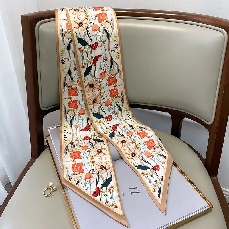 Floral silk-feel long scarf, view 7 - MRSLM